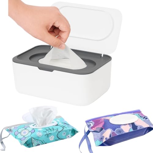 HFHungkeong Wipes Dispenser with 2Pcs Portable Travel Refillable Wipe Holder,Reusable Wipe Holder Box Flushable Wipes Case Bathroom Wipes Container for Pet Nursery Office Counter Baby Shower Gifts(White-Grey) - Image 1
