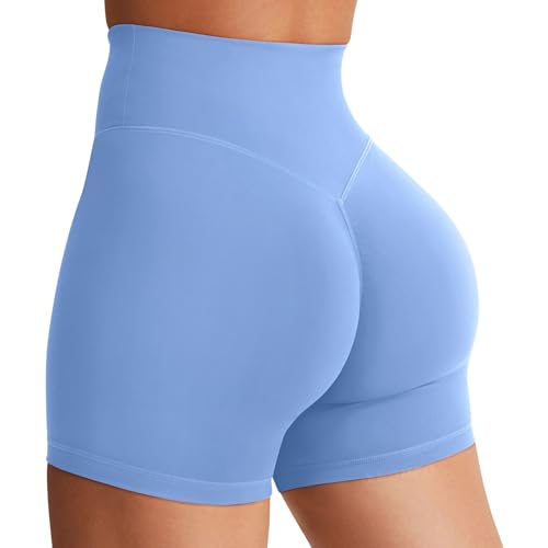 YEOREO Womens Biker Shorts 45 6 Workout Gym Shorts Craze High Waist Tummy Control Hidden Scrunch Running Yoga Light Blue M - Image 1
