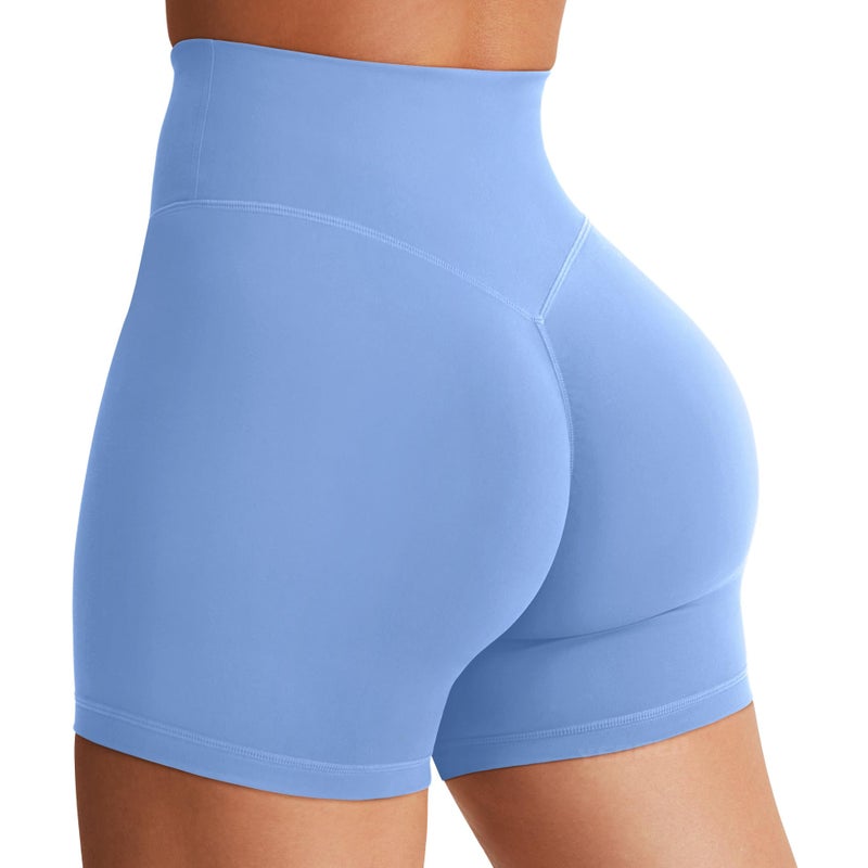 YEOREO Womens Biker Shorts 45 6 Workout Gym Shorts Craze High Waist Tummy Control Hidden Scrunch Running Yoga Light Blue M - Image 2