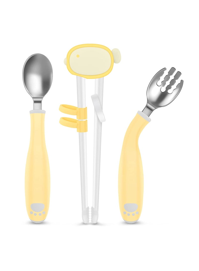 SOLARAE 3 Pieces Toddler Utensils Kids Training Chopsticks and Bendable Stainless Steel Toddler Fork and Spoon for Child and Toddler Safe Flatware Set - Image 1