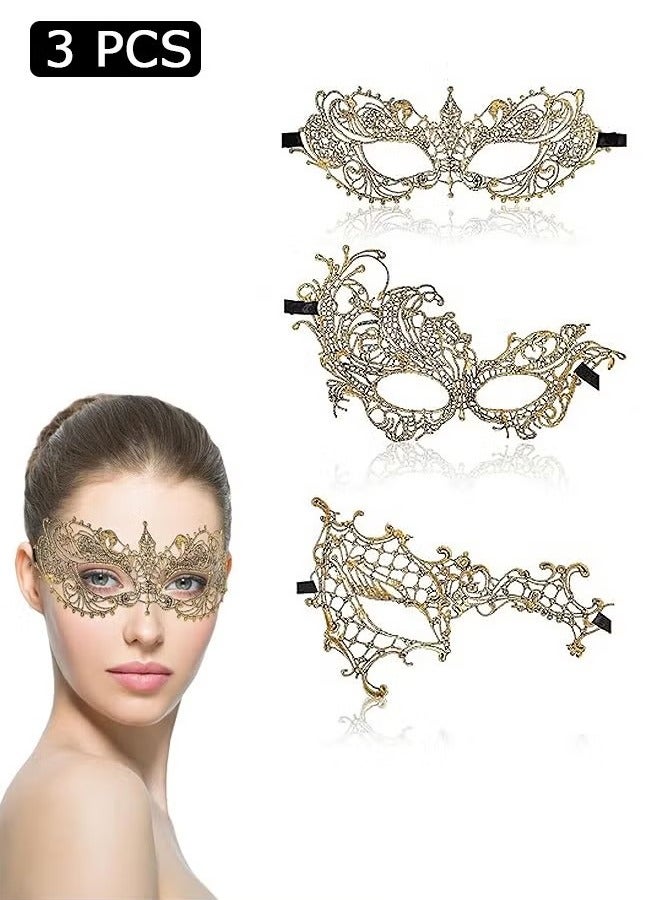 3 Pcs Mysterious Lace Masks, Half Face Lace Eye Masks, Masquerade Costume Party Mask (Gold) - Image 1