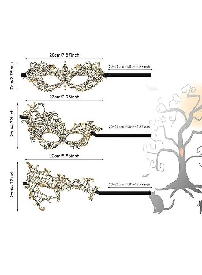 3 Pcs Mysterious Lace Masks, Half Face Lace Eye Masks, Masquerade Costume Party Mask (Gold) - Image 2