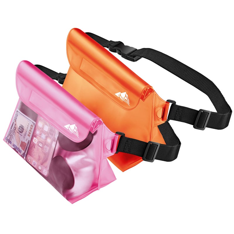 HEETA 2-Pack Waterproof Pouch with Waist Strap, Screen Touchable Dry Bag with Adjustable Belt for Phone Valuables for Kayaking Swimming Snorkeling Boating Fishing Surfing Beach (Orange & Pink) - Image 1