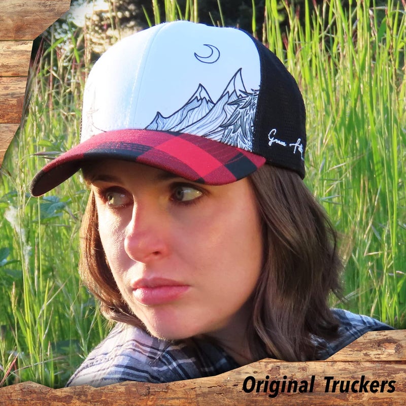 Grace Folly Beach Trucker Hats for Women- Snapback Baseball Cap for Summer (Red Plaid Mountain) - Image 2