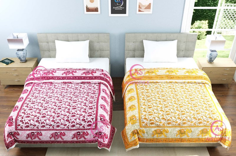 WORLDNEX 400 TC Pure Cotton Jaipuri Design Printed Light Weight Traditional Rajasthani Print Single Bed Quilt/Razai/Rajai (Design 6, Single Bed - Set of 2 Combo Set) - Image 4