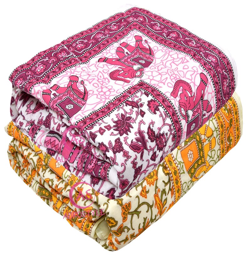 WORLDNEX 400 TC Pure Cotton Jaipuri Design Printed Light Weight Traditional Rajasthani Print Single Bed Quilt/Razai/Rajai (Design 6, Single Bed - Set of 2 Combo Set) - Image 3
