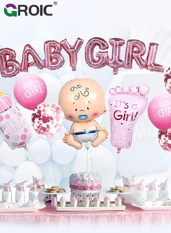 GROIC مجموعة ديكور حمام الطفل للفتيات، ديكورات حفلات استحمام الطفل، بالون فويل للفتيات الصغيرات، بالون كبير لزجاجة الأطفال، بالون لاتكس للفتيات الصغيرات، يكشف عن الجنس/ديكورات حفلات أعياد الميلاد - Image 5