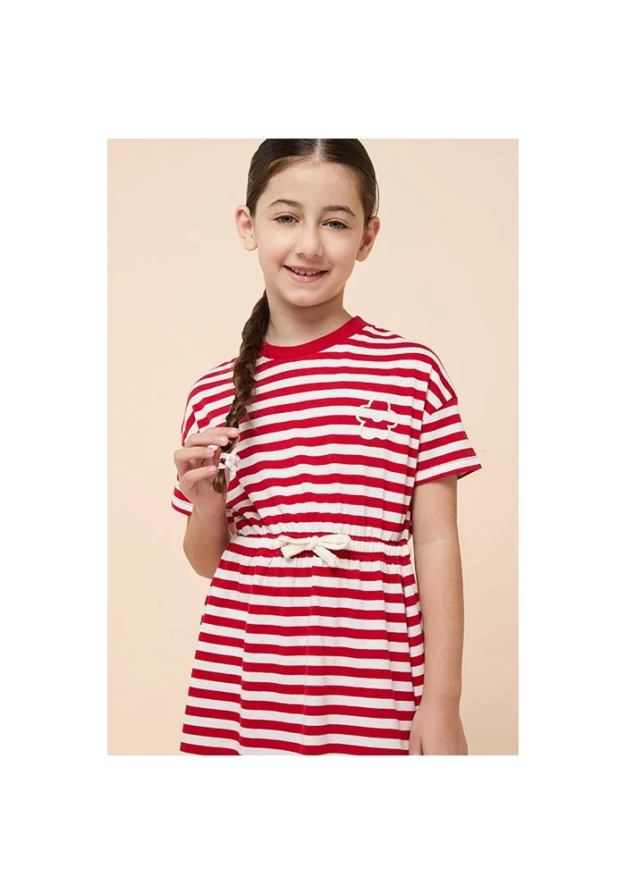 أر أند بي Striped Dress with Crew Neck and Short Sleeves