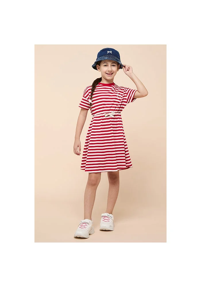 أر أند بي Striped Dress with Crew Neck and Short Sleeves