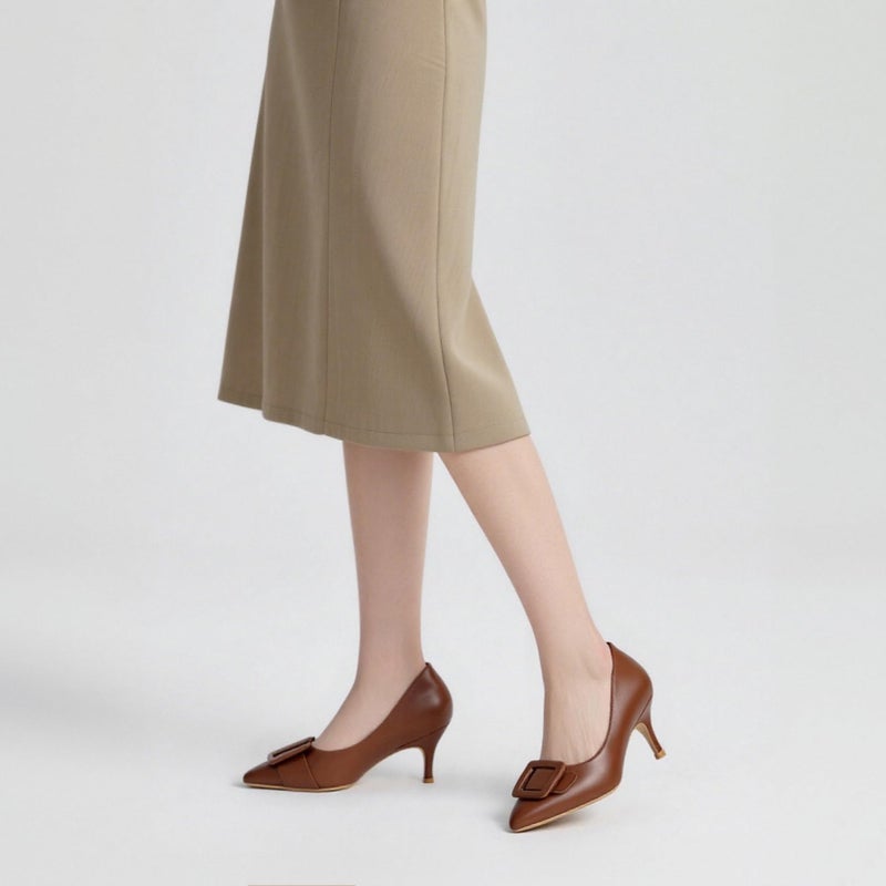 JOY IN LOVE Women's Kitten Heel Pumps Pointed Toe Square-Buckle Office Dress Pump Shoes Brown Matte US7.5 - Image 2