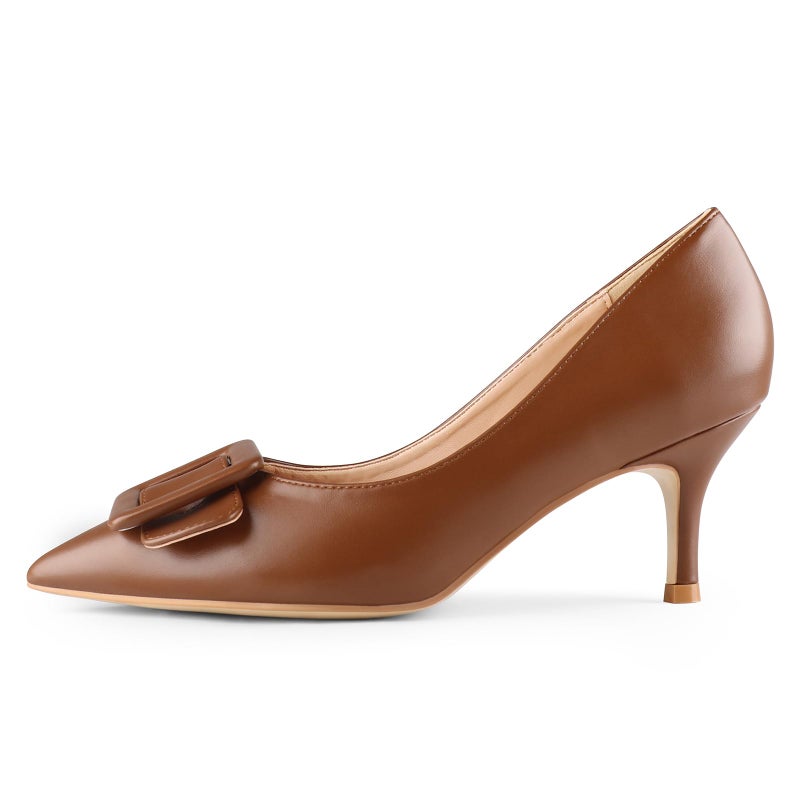 JOY IN LOVE Women's Kitten Heel Pumps Pointed Toe Square-Buckle Office Dress Pump Shoes Brown Matte US7.5 - Image 4
