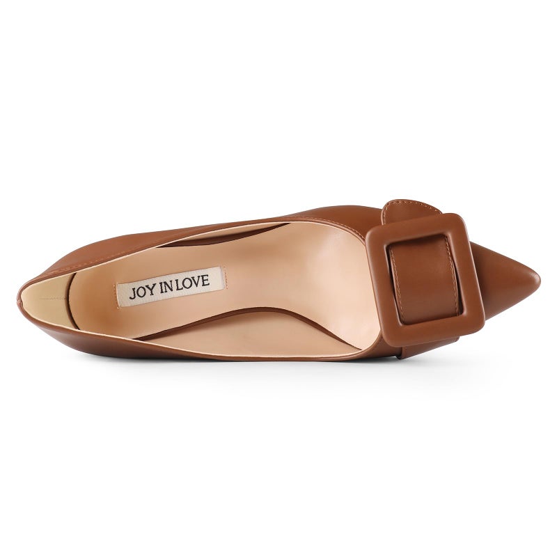 JOY IN LOVE Women's Kitten Heel Pumps Pointed Toe Square-Buckle Office Dress Pump Shoes Brown Matte US7.5 - Image 5