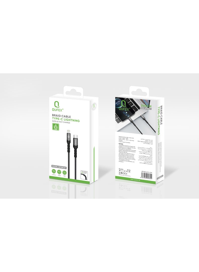 كابل QUFEX المضفر من النوع C إلى Lightning، شحن سريع 27 واط، طول 3 أمتار - أسود