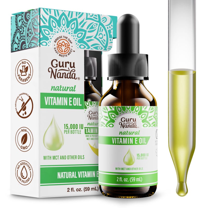 GuruNanda Vitamin E Oil, 2 Fl Oz Pure & Natural, 15,000 IU per Bottle, for Skin, Hair, Face, Nails & Scars, With Coconut Oil to Help Nourish & Moisture, Non-GMO & Vegan - Image 1