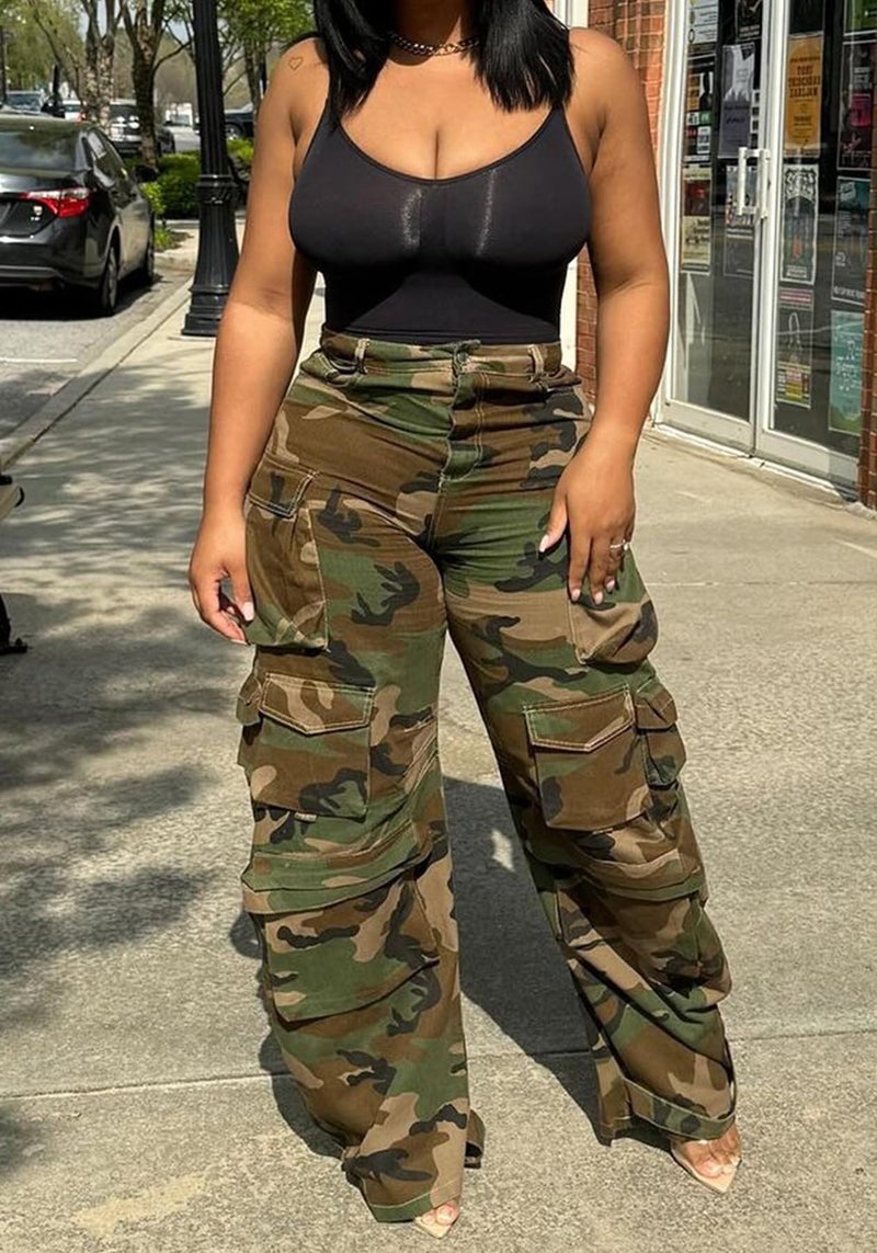 LKOUS Womenâ€™s Cargo Baggy Straight Jeans Streetwear Y2K High Waist Wide Leg Denim Pants with Multiple Pockets Camo - Image 3