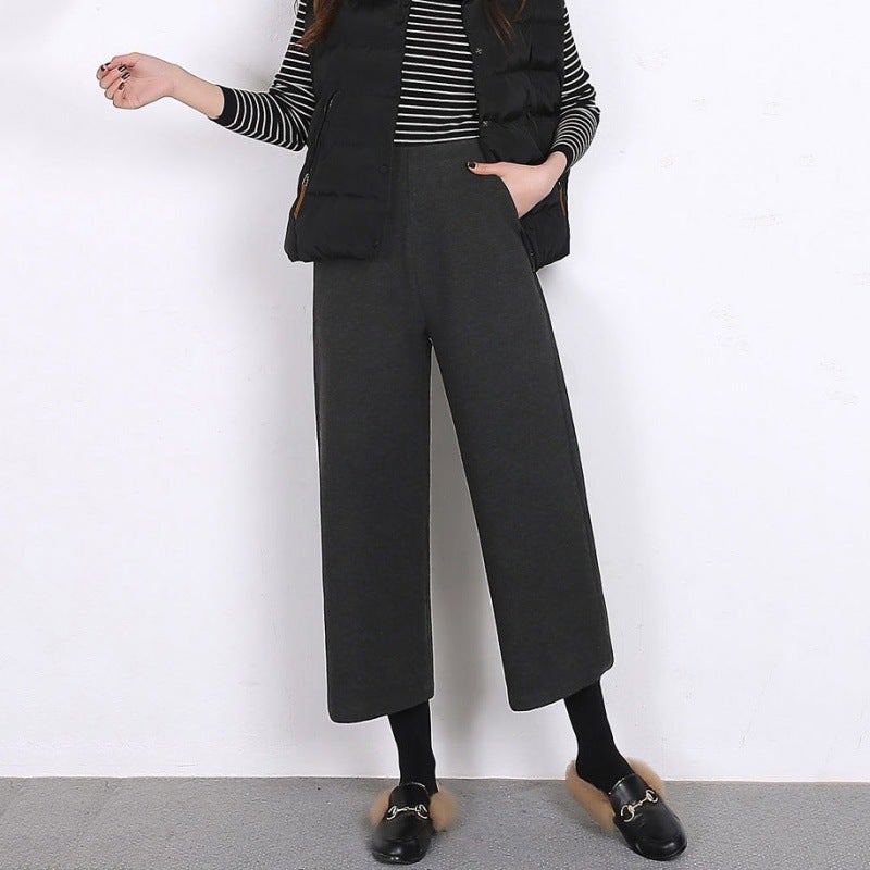Autumn and Winter new Korean style woolen wide-leg pants female student casual pants female high waist cropped loose slimming Patch pocket Gray