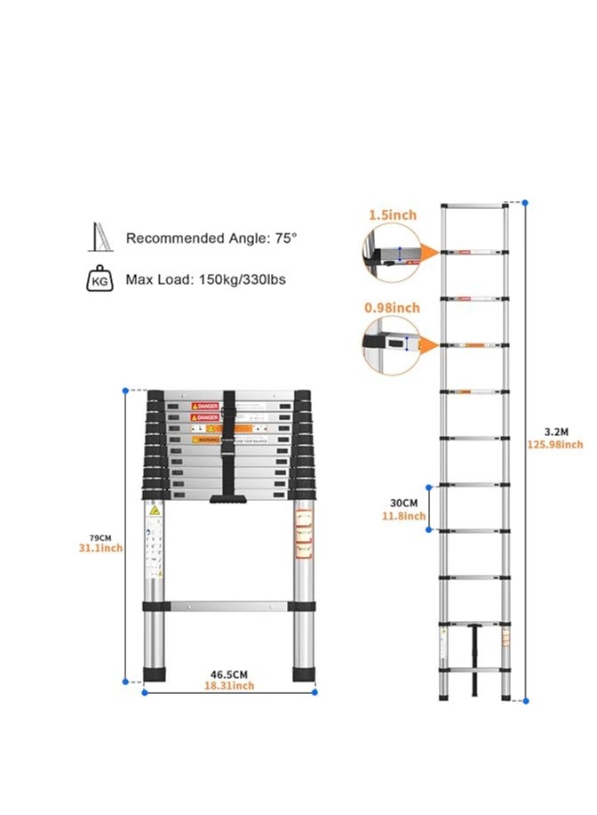 3.2m Extendable Multipurpose Stainless Steel Ladder, Small Portable Ladder for Roof, RV, Decorating, Painting, Cleaning - Image 1