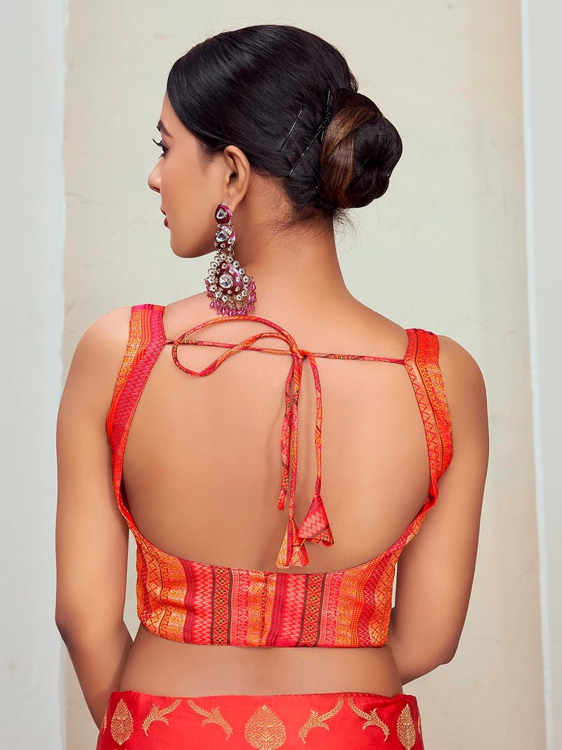 Vardha Women's Readymade Art Silk Sleeveless Padded Saree Blouse, Boat Neck with Gold Zari - Image 3