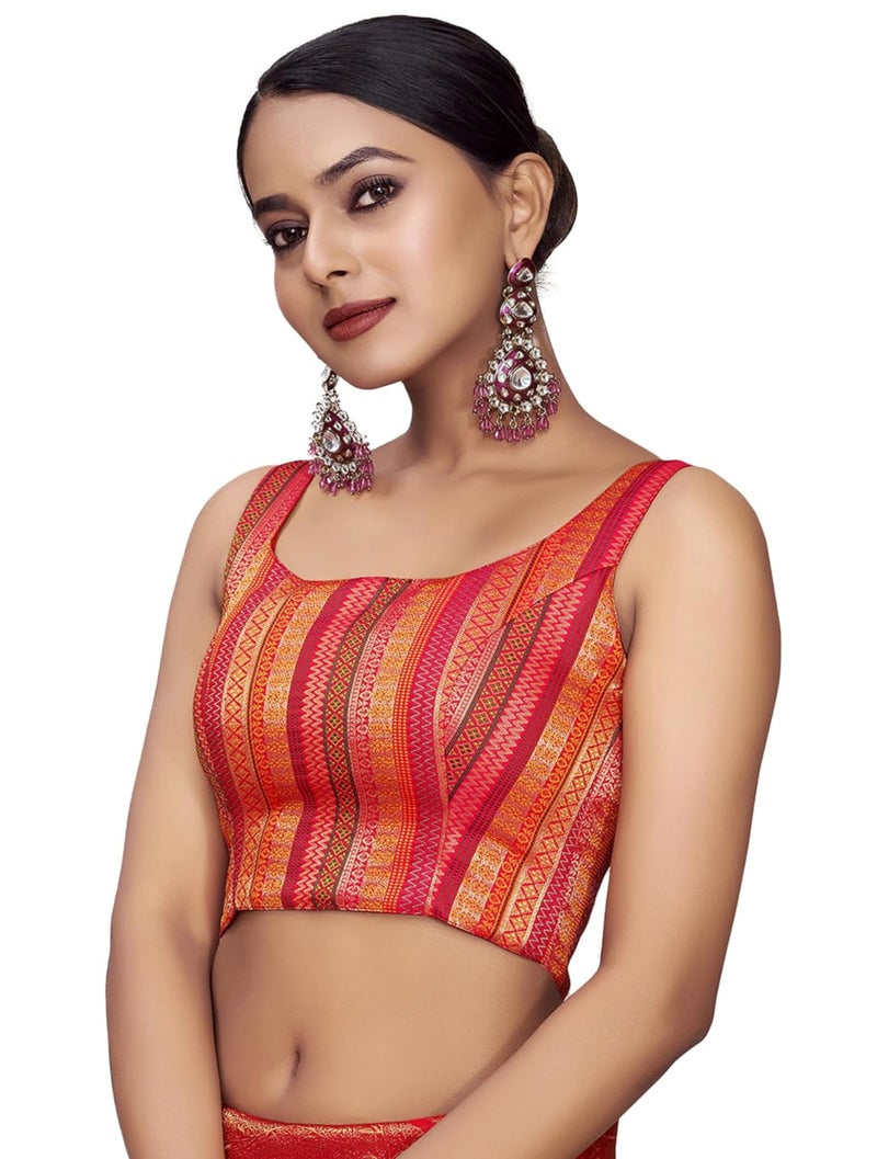 Vardha Women's Readymade Art Silk Sleeveless Padded Saree Blouse, Boat Neck with Gold Zari - Image 1