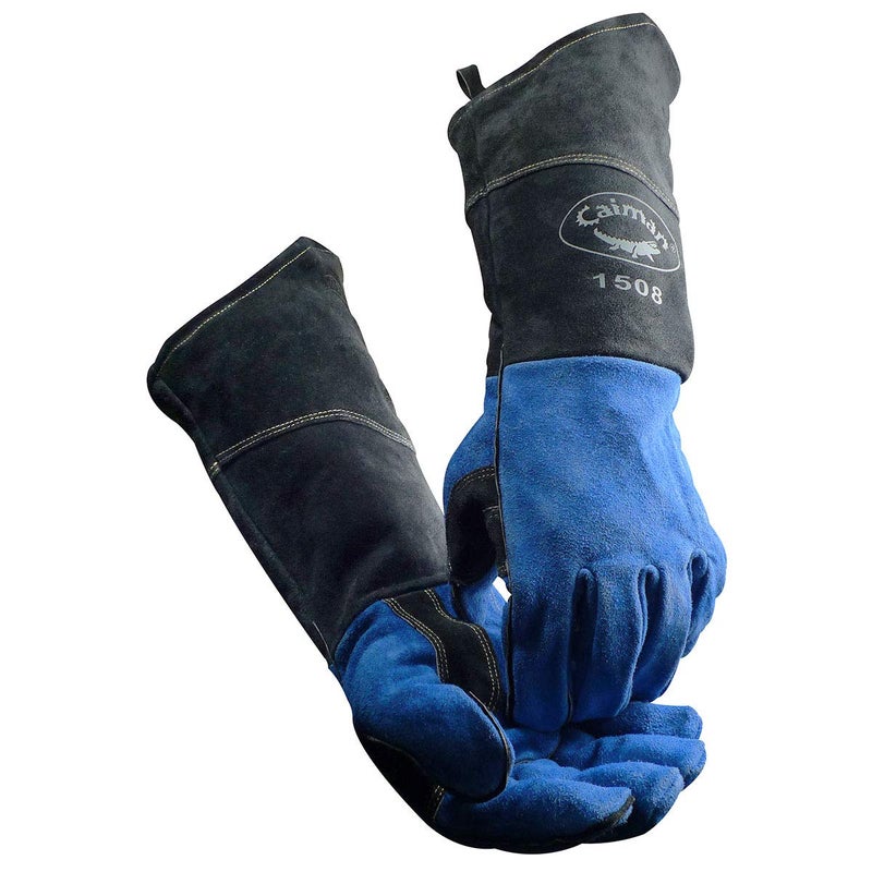 Caiman Premium Split Cowhide MIGStick Welding Gloves Scalloped Cuff Fleece Lining Kontour Design BlueBlack Large 1508 - Image 1