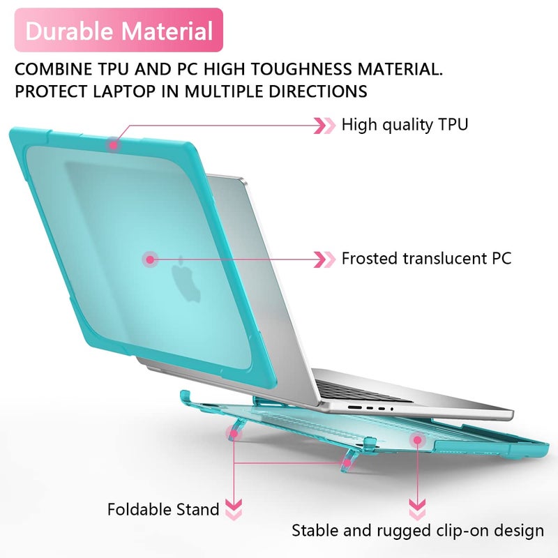 Batianda Heavy Duty Case for New MacBook Pro 14 Inch 2025 M5 M4 M3 M2 Pro/Max Chip- Ergonomic Foldable Kickstand (Holds 22lbs/Zero Wobble) Matte Translucent Rugged Armor Cover with Spare Parts, Cyan - Image 3