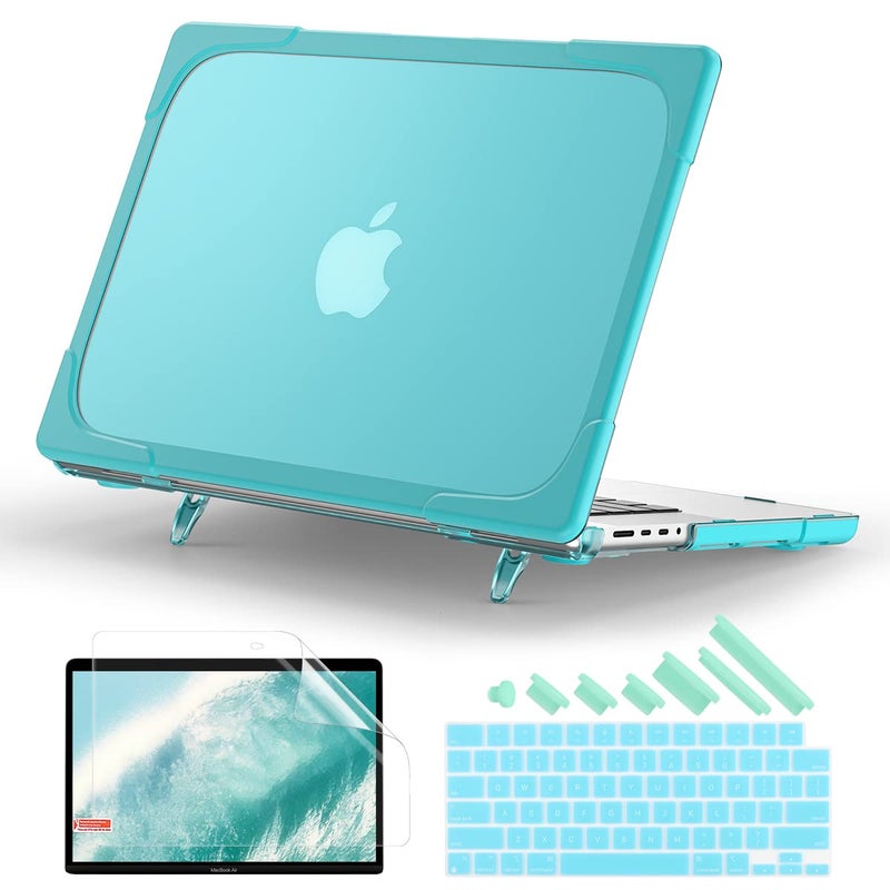 Batianda Heavy Duty Case for New MacBook Pro 14 Inch 2025 M5 M4 M3 M2 Pro/Max Chip- Ergonomic Foldable Kickstand (Holds 22lbs/Zero Wobble) Matte Translucent Rugged Armor Cover with Spare Parts, Cyan - Image 1