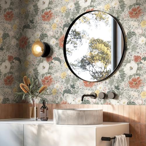 Simon&Siff Vintage Wallpaper Peel and Stick Modern Floral Wall Paper Farmhouse Botanical Contact Paper Removable Renter Friendly Wallpaper for Cabinets Countertop Wall 17.3" x 118" - Image 1