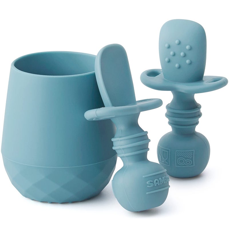SAMiGO Silicone Baby Utensils  Self Feeding Spoons and Tiny Training Cup  First Stage Baby Led Weaning Supplies for 6 Months Infants  Set of 3