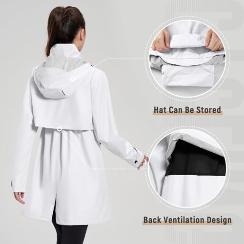 baleaf Women's Long Rain Coat Packable Waterproof Windbreaker Lightweight Cycling Jacket with Hood White L - Image 5