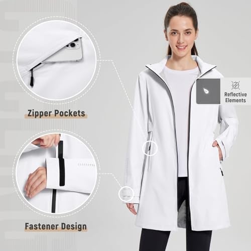 baleaf Women's Long Rain Coat Packable Waterproof Windbreaker Lightweight Cycling Jacket with Hood White L - Image 4