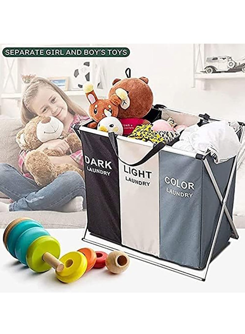 Laundry Basket three-color laundry sorter 3 section collapsible laundry baskets with Waterproof Oxford Bags and Aluminum Frame Washing Clothes Storage for Home Dormitary - Image 3