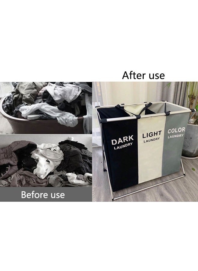 Laundry Basket three-color laundry sorter 3 section collapsible laundry baskets with Waterproof Oxford Bags and Aluminum Frame Washing Clothes Storage for Home Dormitary - Image 2