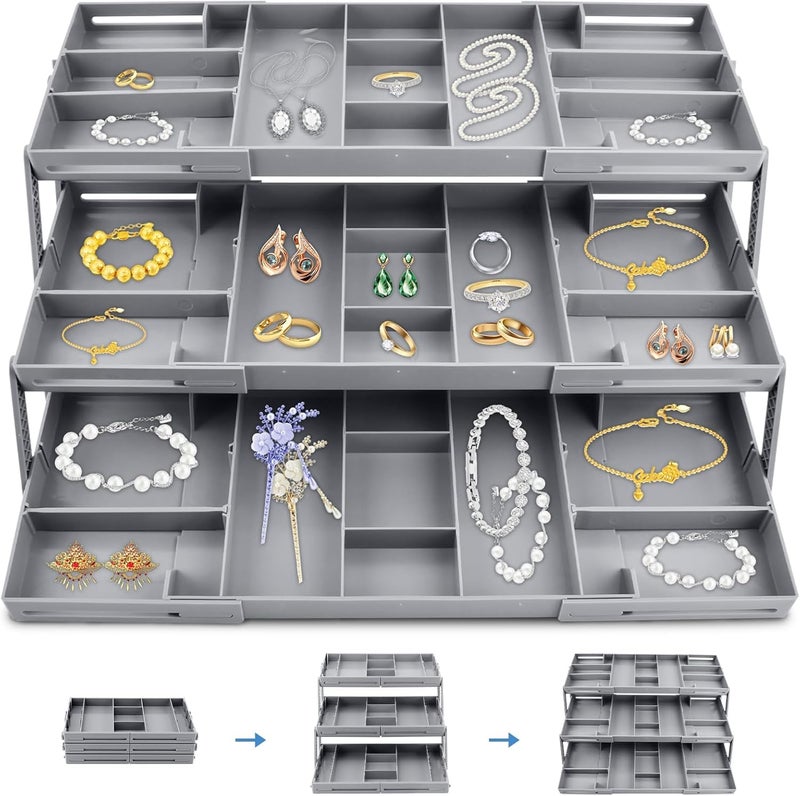 BIYALI 3 Tier Drawer Organizer Versatile Storage Organizer Expandable Junk Drawer Organizer Multi Level Folding Drawer Organizer for Office Drawers Desk Makeup Bathroom Jewelry Gray 1Pcs - Image 1