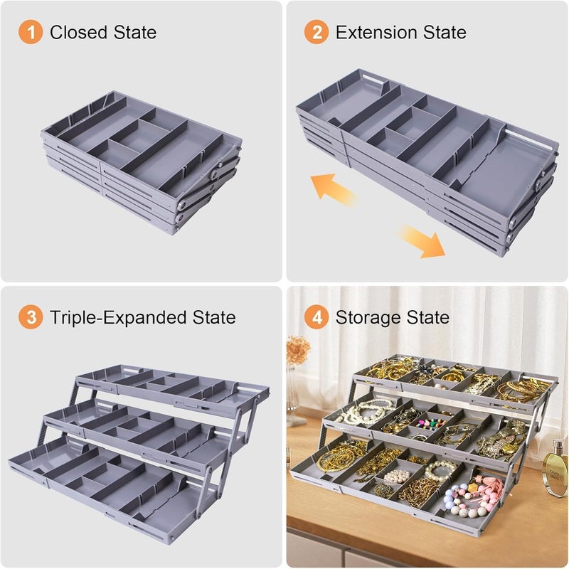 BIYALI 3 Tier Drawer Organizer Versatile Storage Organizer Expandable Junk Drawer Organizer Multi Level Folding Drawer Organizer for Office Drawers Desk Makeup Bathroom Jewelry Gray 1Pcs - Image 5