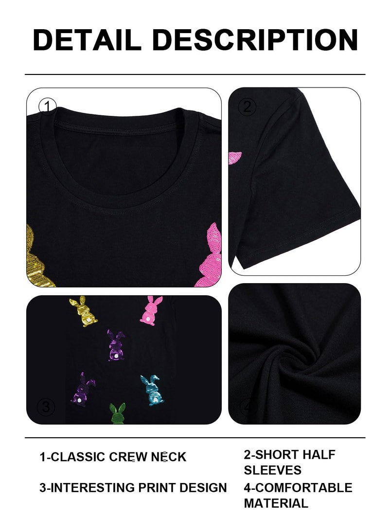 MAXIMGR Happy Easter Shirts Women Sequin Bunny Shirt Cute Rabbit Graphic T Shirt Funny Easter Gift Short Sleeve Tee Tops Black - Image 4