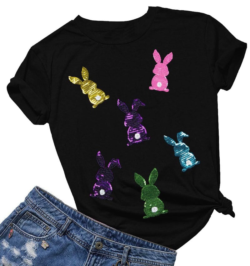 MAXIMGR Happy Easter Shirts Women Sequin Bunny Shirt Cute Rabbit Graphic T Shirt Funny Easter Gift Short Sleeve Tee Tops Black - Image 1