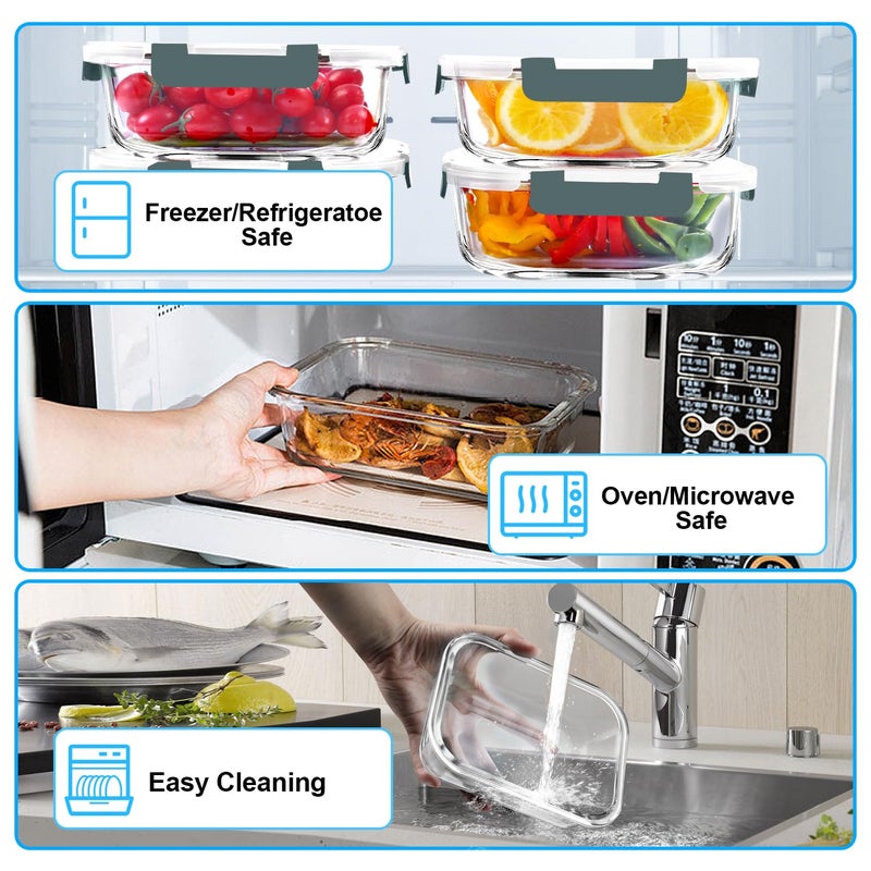 VERONES 5 Pack 36 OZ Glass Meal Prep Containers, Airtight Glass Lunch Containers Set, Glass Food Storage Containers with Lids,Exclusive of BPA, for Microwave, Oven, Freezer & Dishwasher Friendly,Grey - Image 3