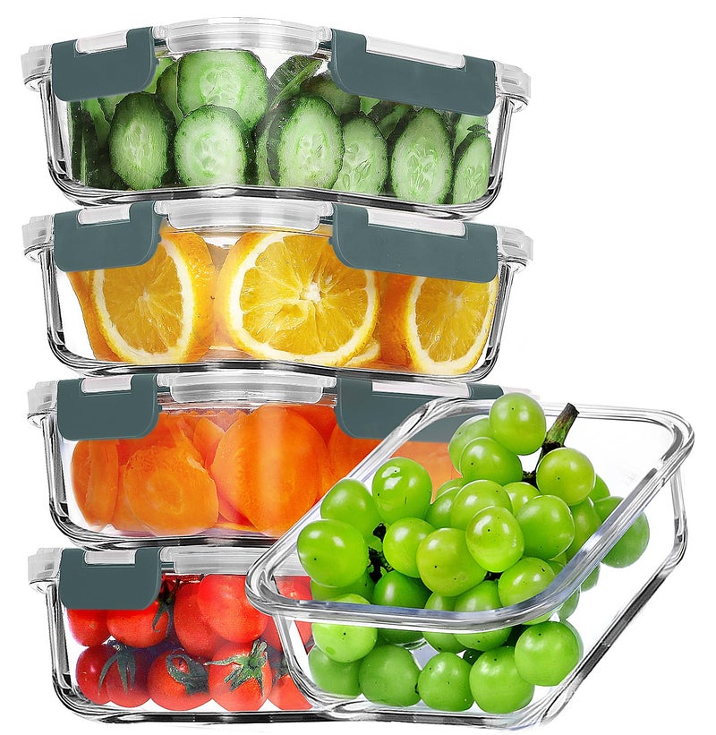VERONES 5 Pack 36 OZ Glass Meal Prep Containers, Airtight Glass Lunch Containers Set, Glass Food Storage Containers with Lids,Exclusive of BPA, for Microwave, Oven, Freezer & Dishwasher Friendly,Grey - Image 1