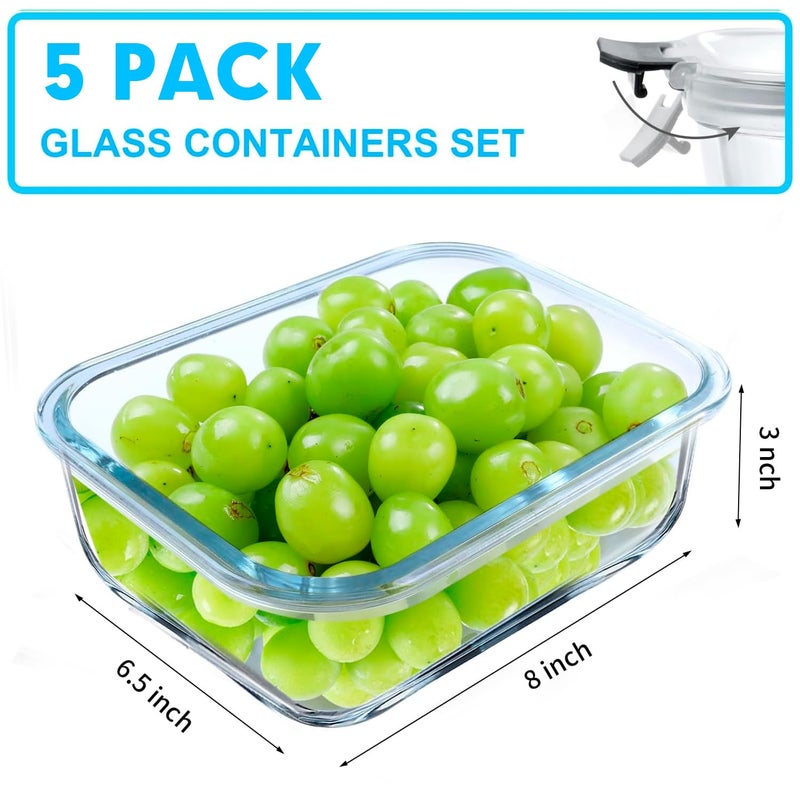 VERONES 5 Pack 36 OZ Glass Meal Prep Containers, Airtight Glass Lunch Containers Set, Glass Food Storage Containers with Lids,Exclusive of BPA, for Microwave, Oven, Freezer & Dishwasher Friendly,Grey - Image 2