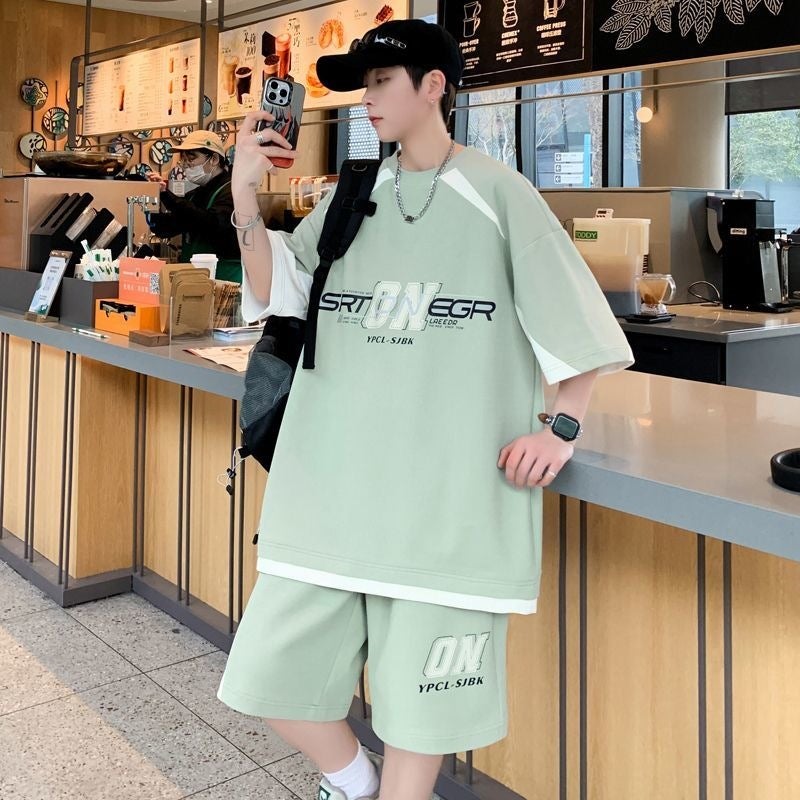 Summer Youth Short-Sleeved Shirt Men''s Two-Piece Suit New Style Handsome Student Trendy Casual Sports Loose Shorts - Image 1