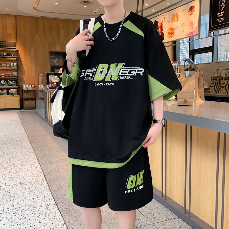 Summer Youth Short-Sleeved Shirt Men''s Two-Piece Suit New Style Handsome Student Trendy Casual Sports Loose Shorts - Image 2