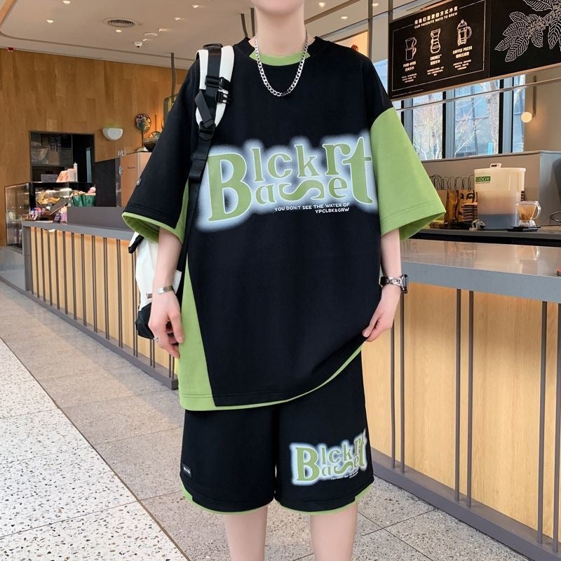 Summer Youth Short-Sleeved Shirt Men''s Two-Piece Suit New Style Handsome Student Trendy Casual Sports Loose Shorts - Image 3