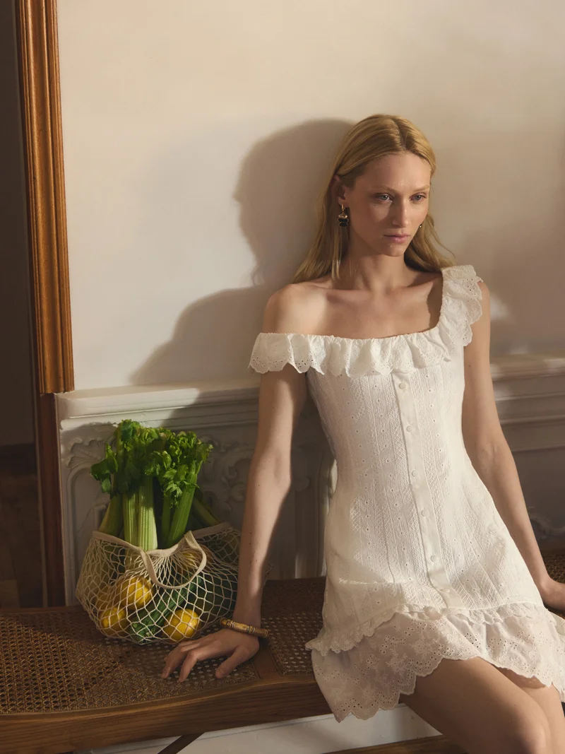 Lichi  Mini dress in textured fabric with ruffles on the collar and skirt for Women | Best Price UAE