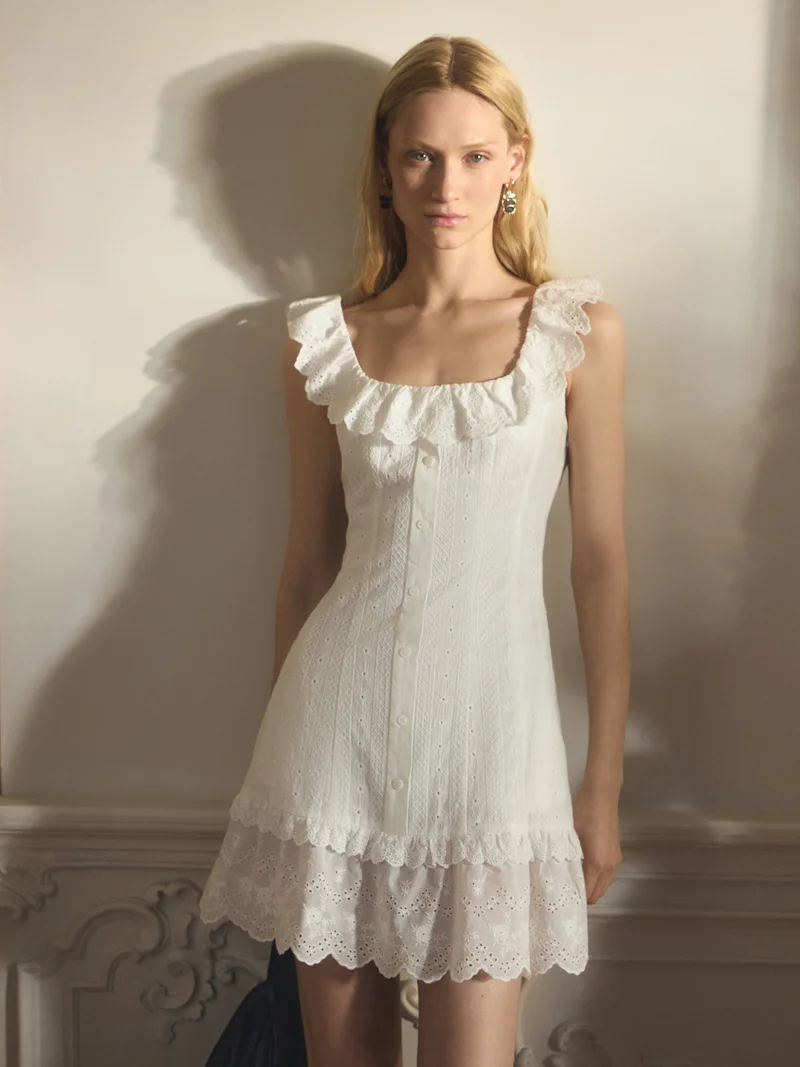 Lichi  Mini dress in textured fabric with ruffles on the collar and skirt for Women | Best Price UAE