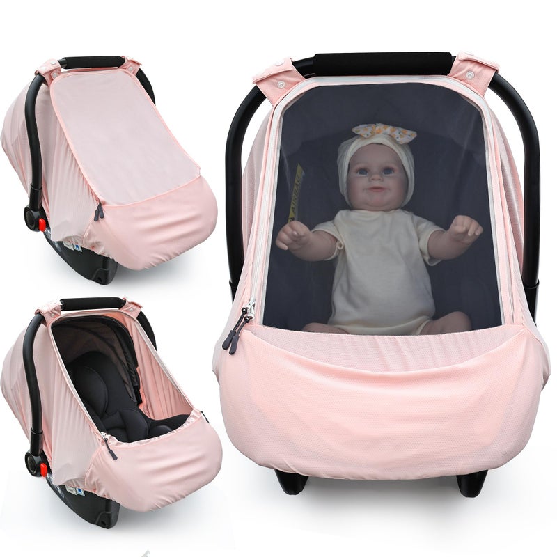 beatoutou Baby Car Seat Cover,Sunproof Car Seat Canopy for Babies, Extra Large Mesh Window Baby Car Seat Sun Shade Cover, Infant Carseat Covers for Summer/Autumn Use(Pink) - Image 1