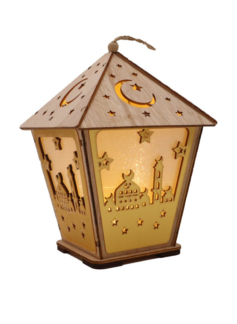 يوويل فانوس رمضان خشبي ديكور رمضان مبارك ضوء فانوس ديكور العيد للاستخدام الداخلي والخارجي ديكور ضوء رمضان 18 × 13 سم - Image 1
