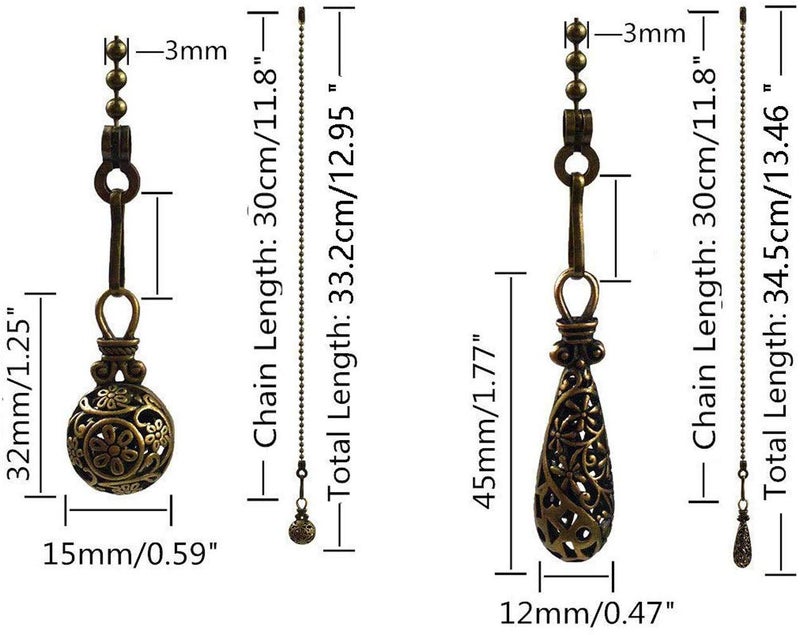 Hyamass Ceiling Fan Pull Chain Extenders with Charm Pendant - 2Pcs 12 inch Vintage Hollow-Out Bronze Pull Chains for Ceiling Fans and Lights with Connector (Round Ball) - Image 2