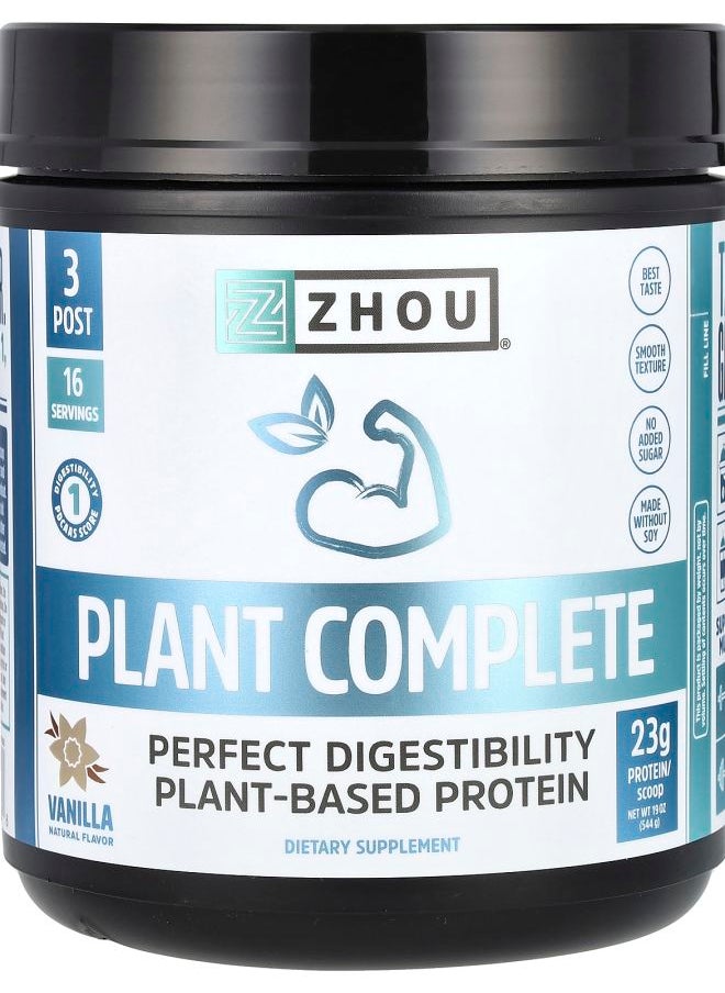Zhou Nutrition - Plant Complete Perfect Digestibility Plant-Based Protein Vanilla 19 oz (544 g) - Image 1