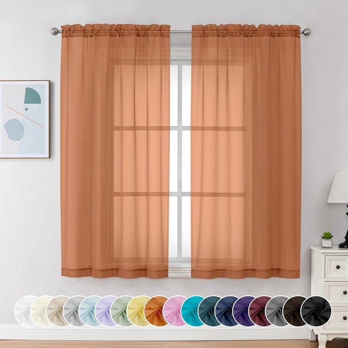 ORANGE SHEER CURTAINS 54 INCH LONG 2 PANELS SHORT VOILE DRAPES FOR DINNING SMALL WINDOWS BATHROOM LIVING ROOM BEDROOM ROD POCKET 42WX54L INCHES