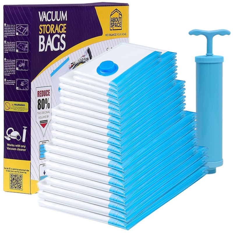 ABOUT SPACE Polypropylene 20 Pack Vacuum Bags for Travel with Hand Pump 3X Jumbo5 Jumbo5 Large5 Medium2 Small Airtight Reusable SPACE Saver Compression Bags for PackingTransparent - Image 1